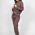 Γυναικείο Free Style Set Καφέ - Crop με Κουκούλα και Ίσιο Παντελόνι