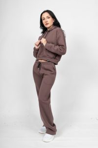 Γυναικείο Free Style Set Καφέ - Crop με Κουκούλα και Ίσιο Παντελόνι