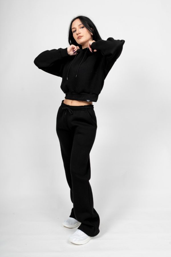 Γυναικείο Free Style Set Μαύρο - Αποτελείτε από Crop με Κουκούλα και Ίσιο Παντελόνι