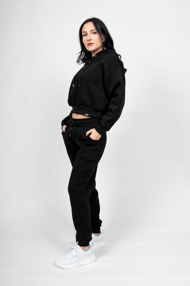 GZ-59 Γυναικείο Free Style Set Μαύρο - Crop με Κουκούλα και Παντελόνι με Λάστιχο στο Τελείωμα του Ποδιού