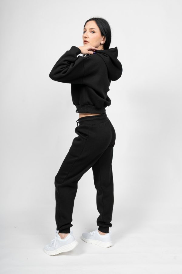 Γυναικείο Free Style Set Μαύρο - Crop με Κουκούλα και Παντελόνι με Λάστιχο στο Τελείωμα του Ποδιού