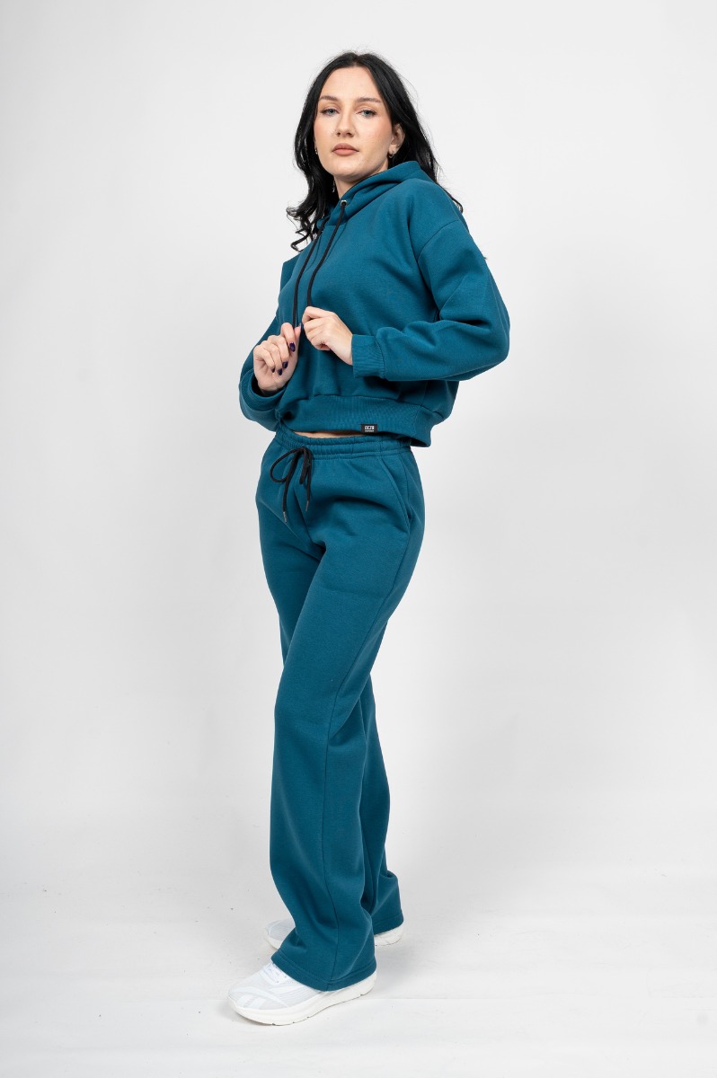 GZ-65 Γυναικείο Free Style Set Πετρόλ - Crop με Κουκούλα και Ίσιο Παντελόνι