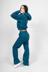 Γυναικείο Free Style Set Πετρόλ - Crop με Κουκούλα και Ίσιο Παντελόνι