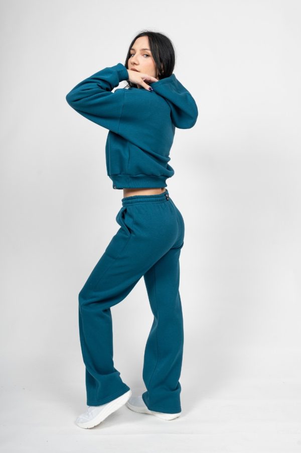 Γυναικείο Free Style Set Πετρόλ - Crop με Κουκούλα και Ίσιο Παντελόνι