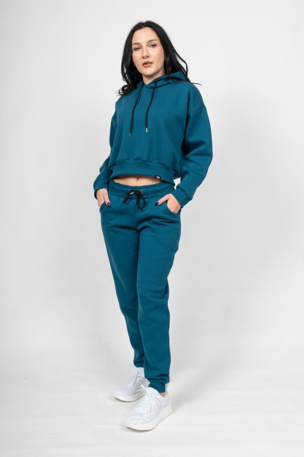 Γυναικείο Free Style Set πετρολ - Crop με Κουκούλα και Παντελόνι με Λάστιχο στο Τελείωμα του Ποδιού
