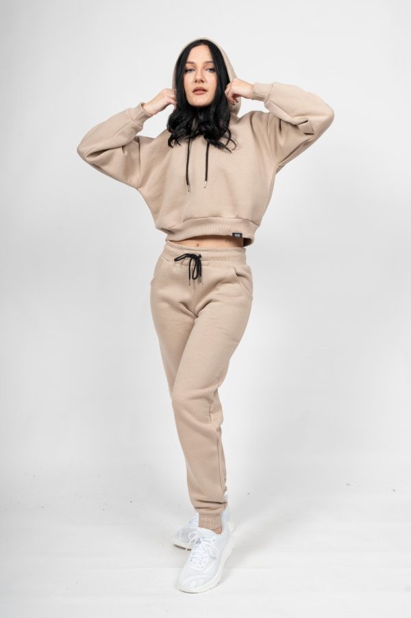 Γυναικείο Free Style Set Μπεζ - Crop με Κουκούλα και Παντελόνι με Λάστιχο στο Τελείωμα του Ποδιού