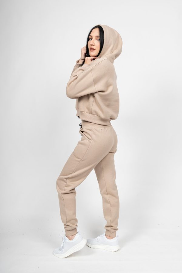 Γυναικείο Free Style Set Μπεζ - Crop με Κουκούλα και Παντελόνι με Λάστιχο στο Τελείωμα του Ποδιού