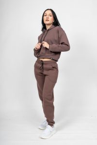 Γυναικείο Free Style Set Καφέ - Crop με Κουκούλα και Παντελόνι με Λάστιχο στο Τελείωμα του Ποδιού