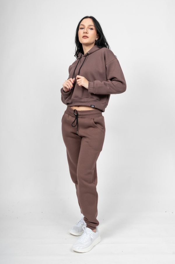 Γυναικείο Free Style Set Καφέ - Crop με Κουκούλα και Παντελόνι με Λάστιχο στο Τελείωμα του Ποδιού