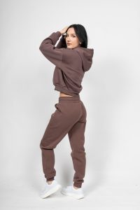 Γυναικείο Free Style Set Καφέ - Crop με Κουκούλα και Παντελόνι με Λάστιχο στο Τελείωμα του Ποδιού